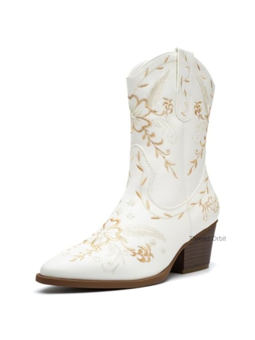 Women's Cowboy Boots, Gold Embroidery, Mid Calf, Zip Up, Chunky Heel, Pointed